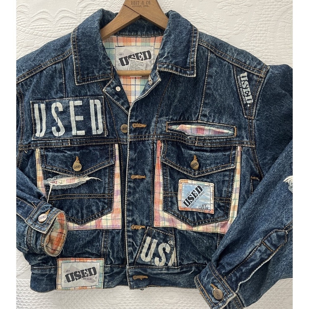 Vintage 80's GET USED by Elie Patchwork Denim Jean Jacket Size S Cropped Plaid